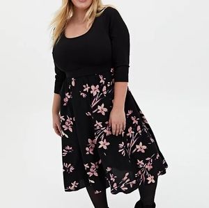 Black Floral Knit-to-Woven Skater Midi Dress